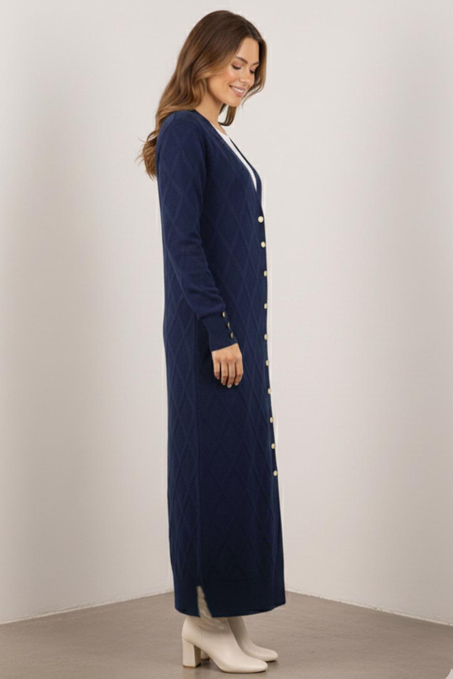 Tesettür giyim LACİVERT BAKLAVA DESENLİ UZUN HIRKA T 5923