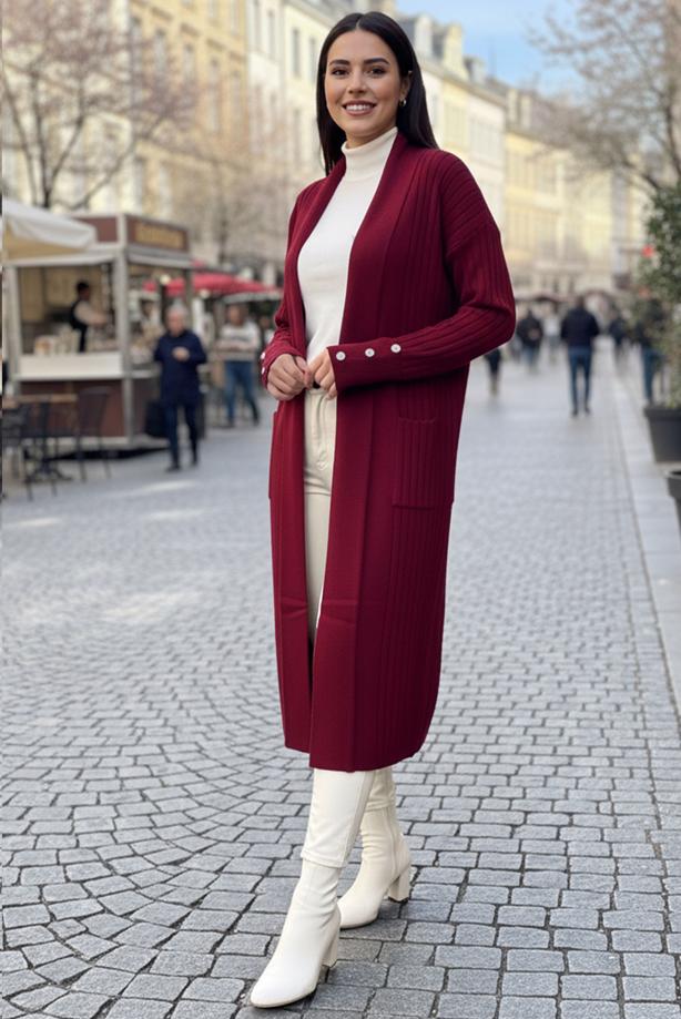 Tesettür giyim BORDO TRİKO HIRKA T 6417 - TRENDTESETTÜR