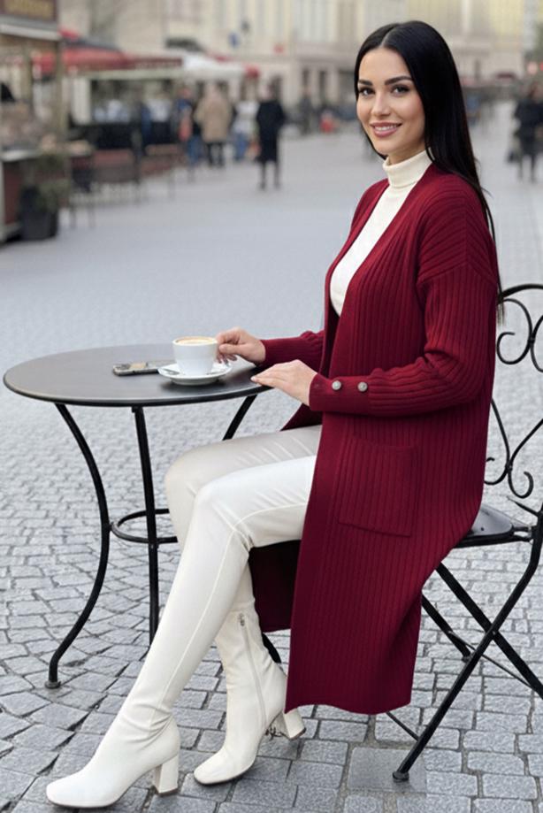 Tesettür giyim BORDO TRİKO HIRKA T 6417 - TRENDTESETTÜR