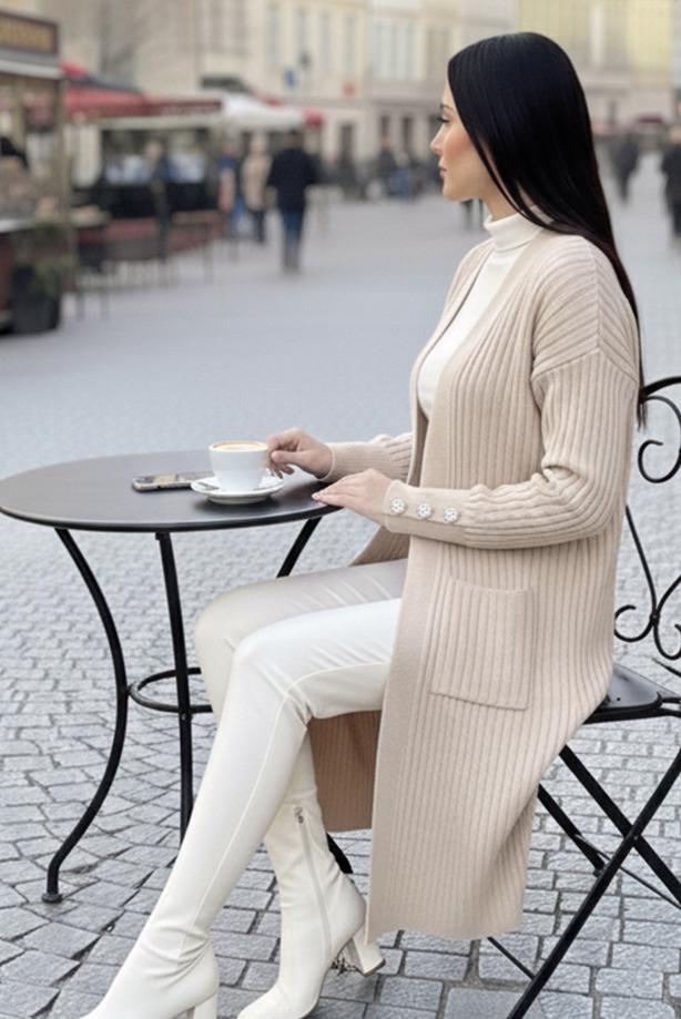 Tesettür giyim BEJ TRİKO HIRKA T 6417 - TRENDTESETTÜR