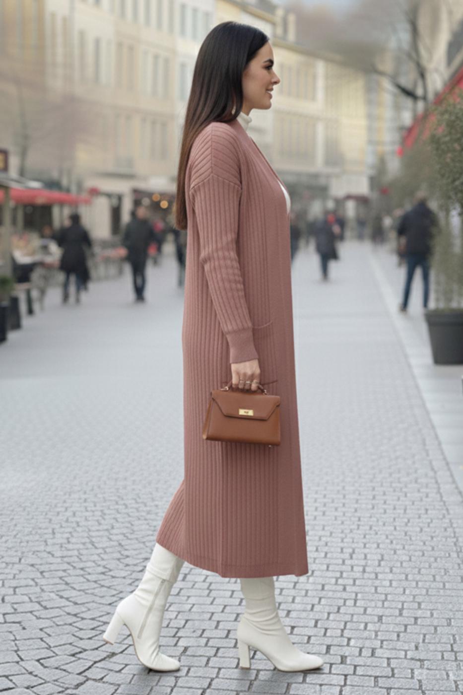 Tesettür giyim PEMBE TRİKO HIRKA T 6417