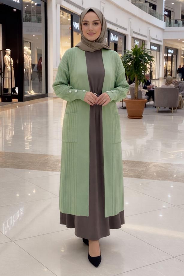 Tesettür giyim YEŞİL T 6417 BN TRİKO HIRKA - TRENDTESETTÜR