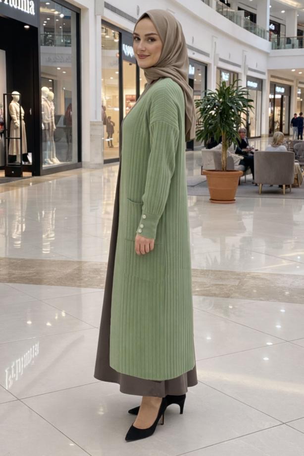 Tesettür giyim YEŞİL T 6417 BN TRİKO HIRKA - TRENDTESETTÜR