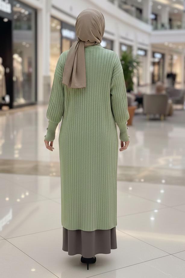 Tesettür giyim YEŞİL T 6417 BN TRİKO HIRKA - TRENDTESETTÜR