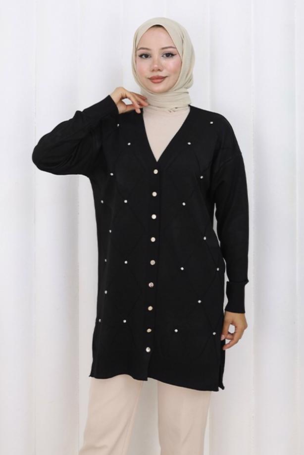 Tesettür giyim SİYAH BAKLAVA DESENLİ UZUN HIRKA T 6423 - TRENDTESETTÜR