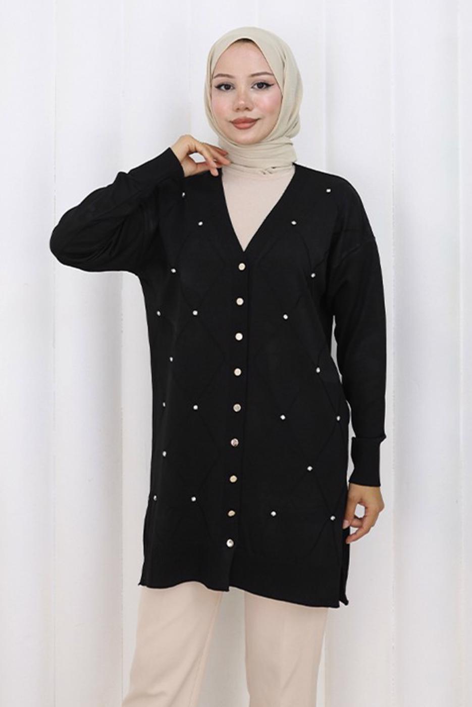 Tesettür giyim SİYAH BAKLAVA DESENLİ UZUN HIRKA T 6423