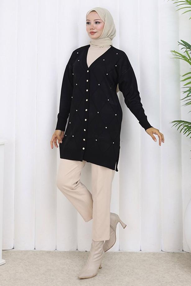 Tesettür giyim SİYAH BAKLAVA DESENLİ UZUN HIRKA T 6423 - TRENDTESETTÜR