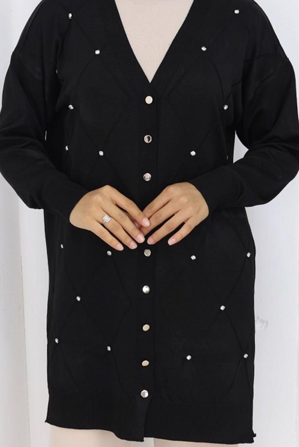 Tesettür giyim SİYAH BAKLAVA DESENLİ UZUN HIRKA T 6423 - TRENDTESETTÜR