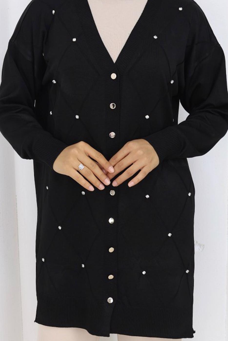 Tesettür giyim SİYAH BAKLAVA DESENLİ UZUN HIRKA T 6423