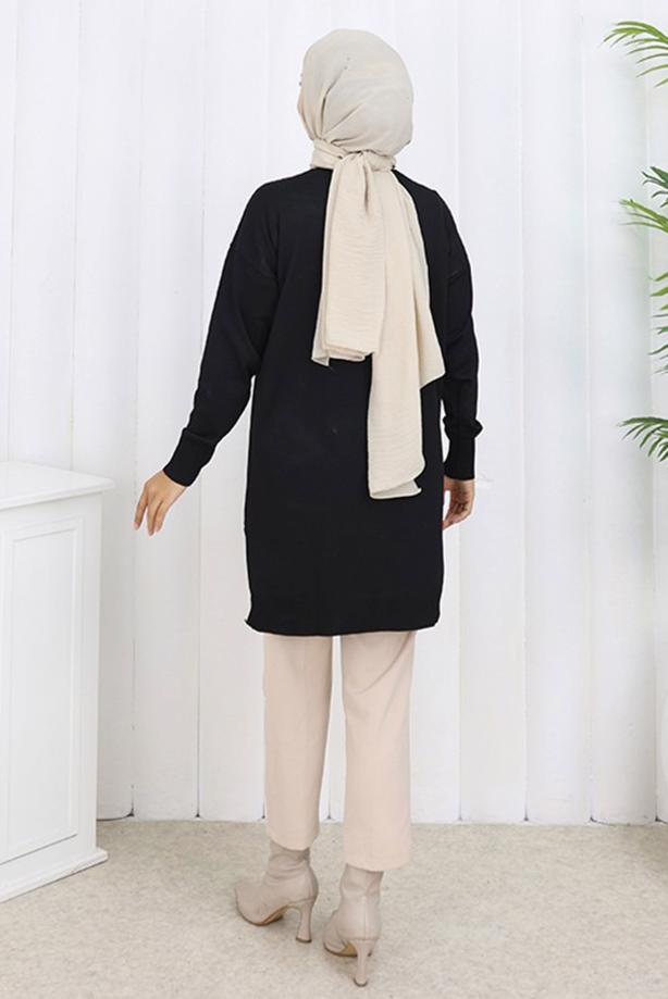 Tesettür giyim SİYAH BAKLAVA DESENLİ UZUN HIRKA T 6423 - TRENDTESETTÜR