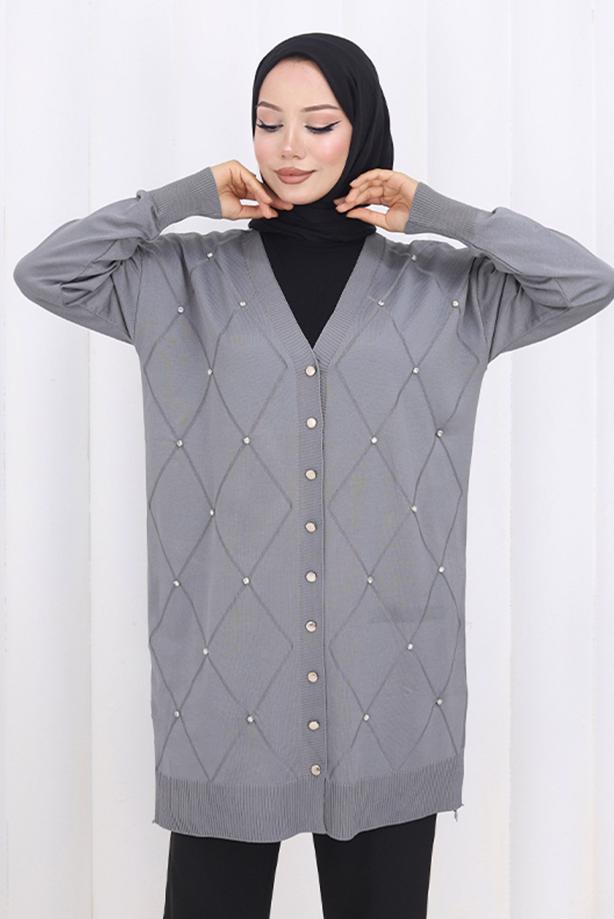 Tesettür giyim GRİ BAKLAVA DESENLİ UZUN HIRKA T 6423 - TRENDTESETTÜR