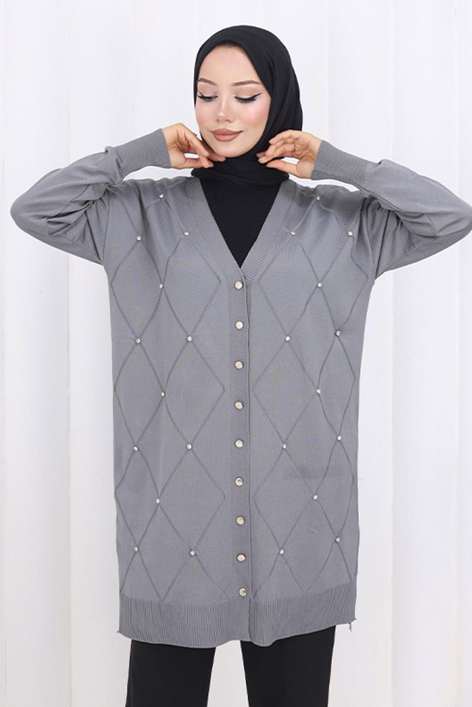 Tesettür giyim GRİ BAKLAVA DESENLİ UZUN HIRKA T 6423