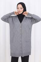 Tesettür giyim GRİ BAKLAVA DESENLİ UZUN HIRKA T 6423