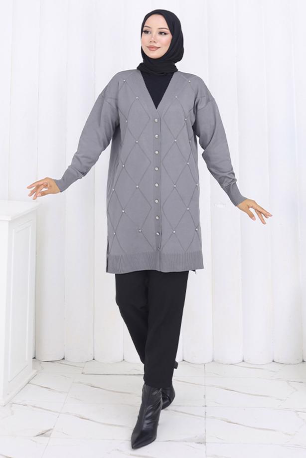 Tesettür giyim GRİ BAKLAVA DESENLİ UZUN HIRKA T 6423 - TRENDTESETTÜR