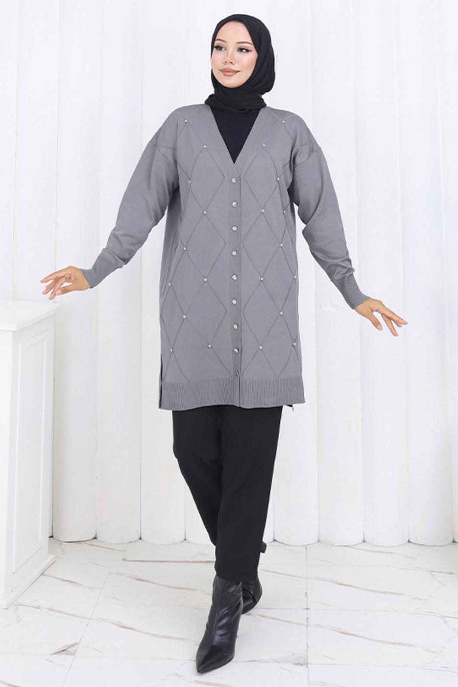 Tesettür giyim GRİ BAKLAVA DESENLİ UZUN HIRKA T 6423