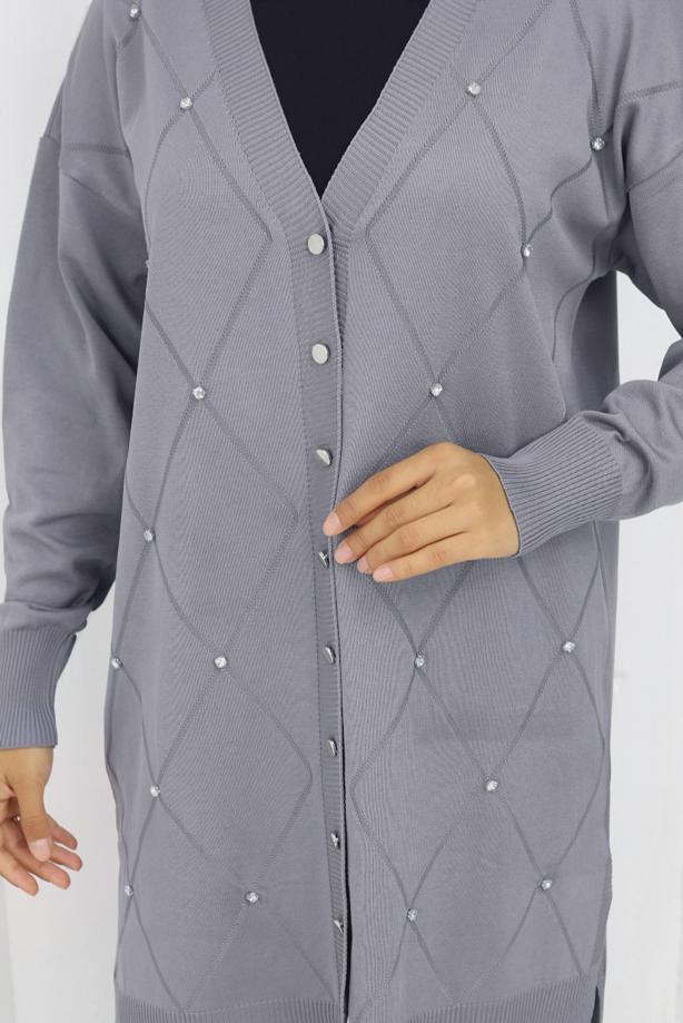 Tesettür giyim GRİ BAKLAVA DESENLİ UZUN HIRKA T 6423 - TRENDTESETTÜR