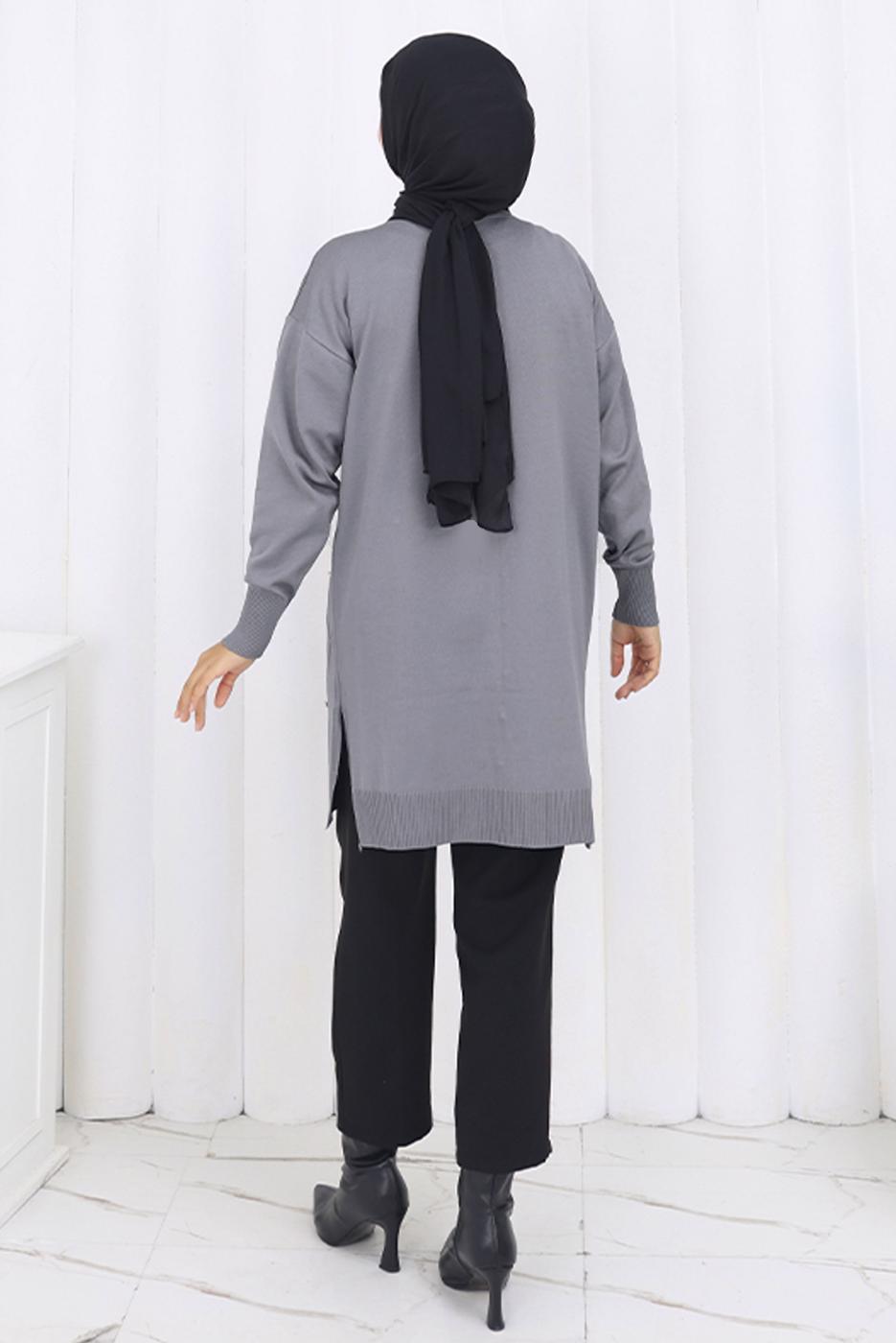 Tesettür giyim GRİ BAKLAVA DESENLİ UZUN HIRKA T 6423