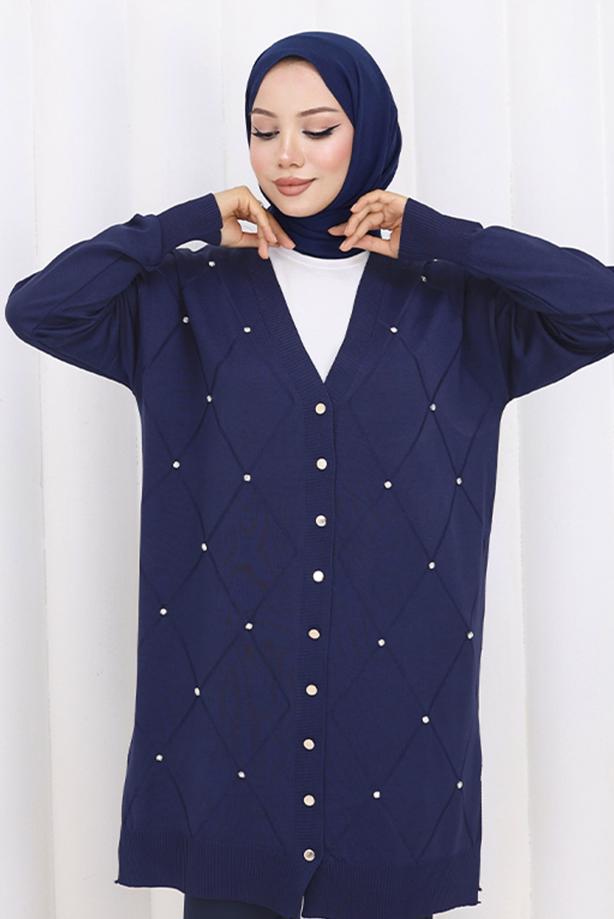 Tesettür giyim LACİVERT BAKLAVA DESENLİ UZUN HIRKA T 6423 - TRENDTESETTÜR