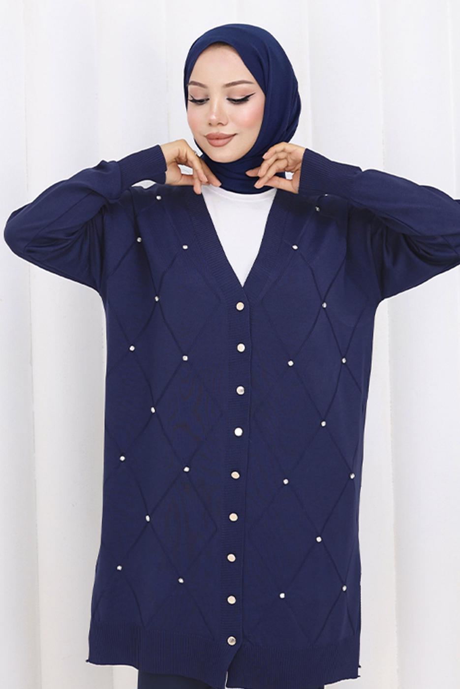 Tesettür giyim LACİVERT BAKLAVA DESENLİ UZUN HIRKA T 6423