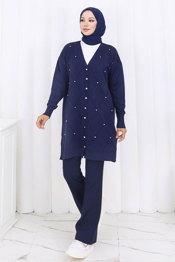 Tesettür giyim LACİVERT BAKLAVA DESENLİ UZUN HIRKA T 6423 - TRENDTESETTÜR