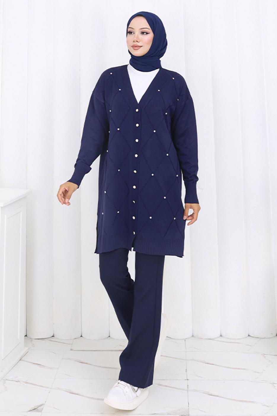 Tesettür giyim LACİVERT BAKLAVA DESENLİ UZUN HIRKA T 6423