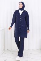 Tesettür giyim LACİVERT BAKLAVA DESENLİ UZUN HIRKA T 6423