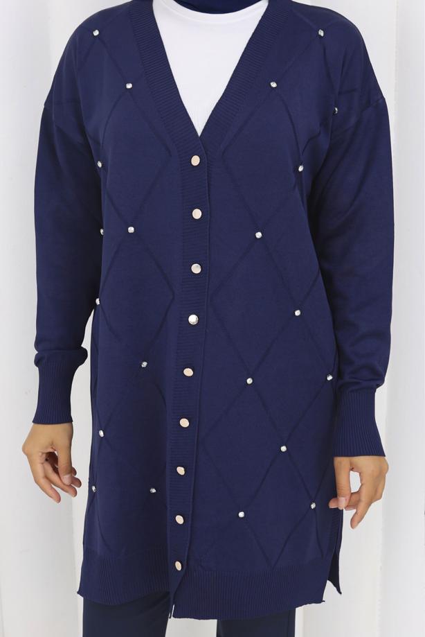 Tesettür giyim LACİVERT BAKLAVA DESENLİ UZUN HIRKA T 6423 - TRENDTESETTÜR