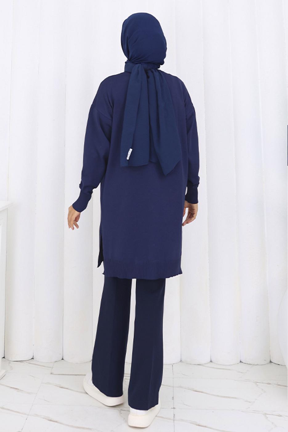 Tesettür giyim LACİVERT BAKLAVA DESENLİ UZUN HIRKA T 6423