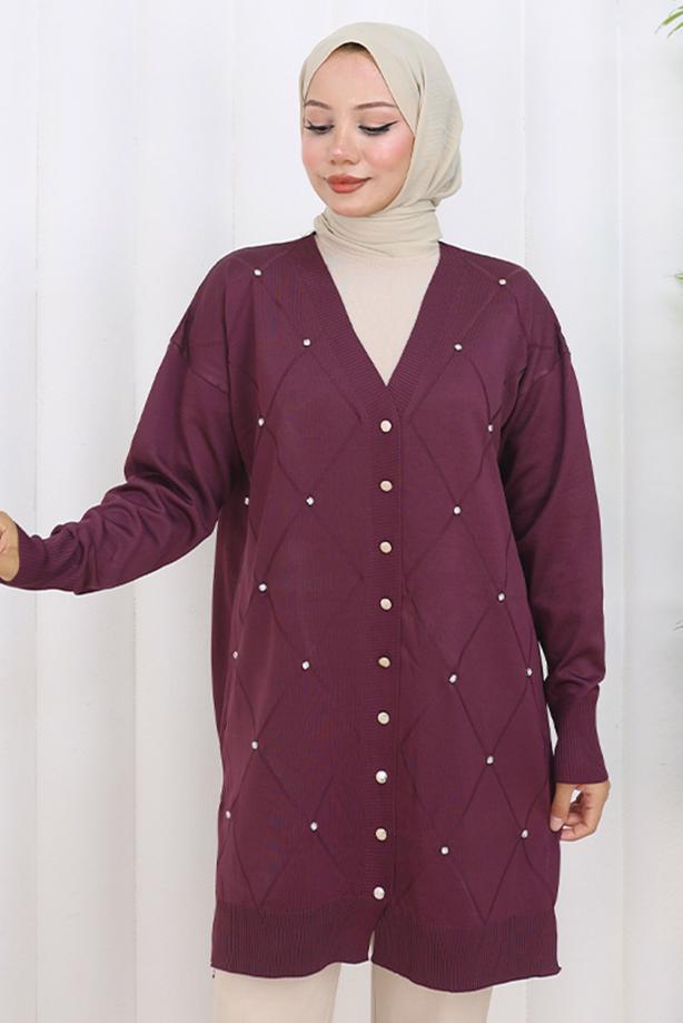 Tesettür giyim MÜRDÜM BAKLAVA DESENLİ UZUN HIRKA T 6423 - TRENDTESETTÜR