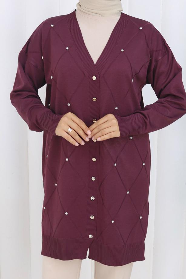 Tesettür giyim MÜRDÜM BAKLAVA DESENLİ UZUN HIRKA T 6423 - TRENDTESETTÜR