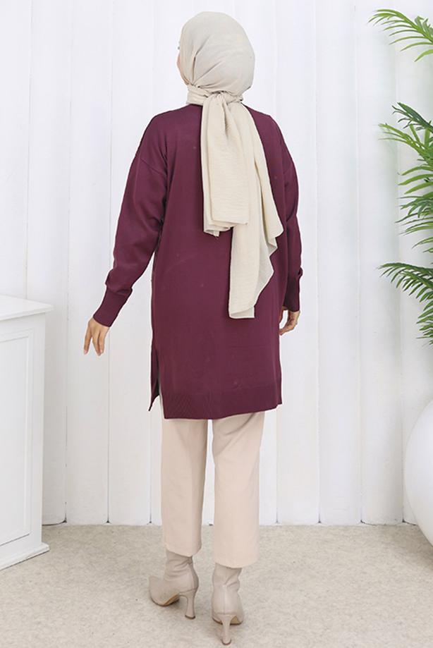 Tesettür giyim MÜRDÜM BAKLAVA DESENLİ UZUN HIRKA T 6423 - TRENDTESETTÜR