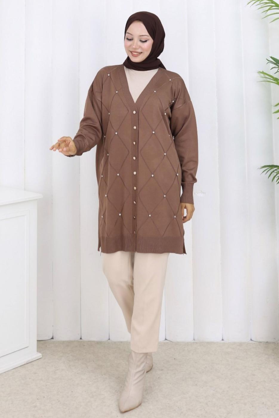 Tesettür giyim VİZON BAKLAVA DESENLİ UZUN HIRKA T 6423