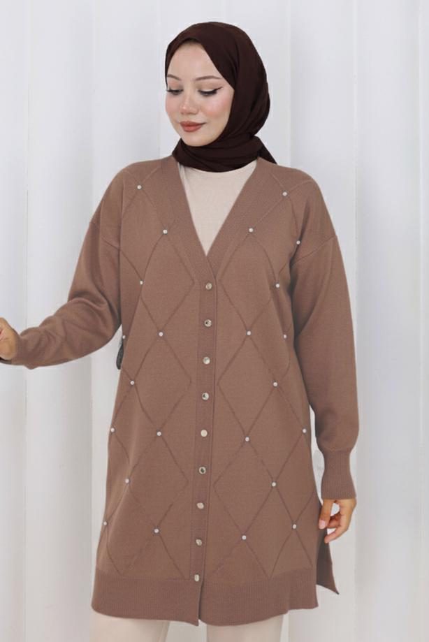 Tesettür giyim VİZON BAKLAVA DESENLİ UZUN HIRKA T 6423 - TRENDTESETTÜR