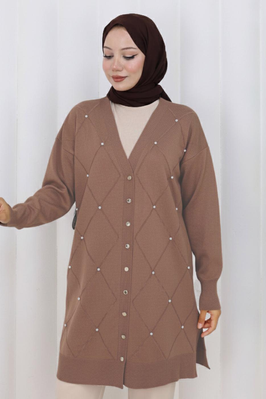 Tesettür giyim VİZON BAKLAVA DESENLİ UZUN HIRKA T 6423