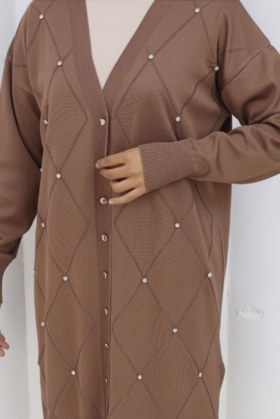 Tesettür giyim VİZON BAKLAVA DESENLİ UZUN HIRKA T 6423