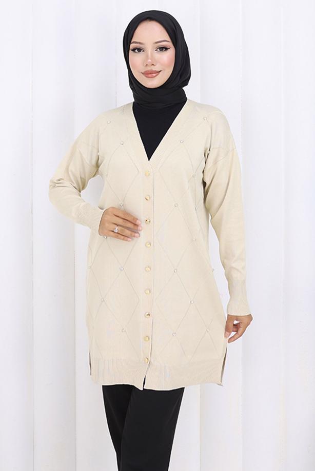 Tesettür giyim BEJ BAKLAVA DESENLİ UZUN HIRKA T 6423 - TRENDTESETTÜR