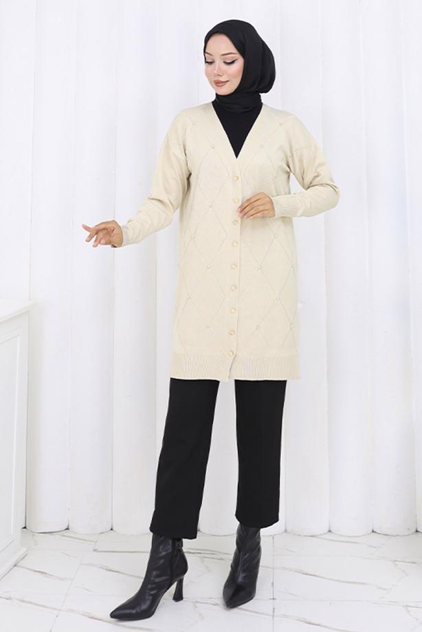 Tesettür giyim BEJ BAKLAVA DESENLİ UZUN HIRKA T 6423 - TRENDTESETTÜR