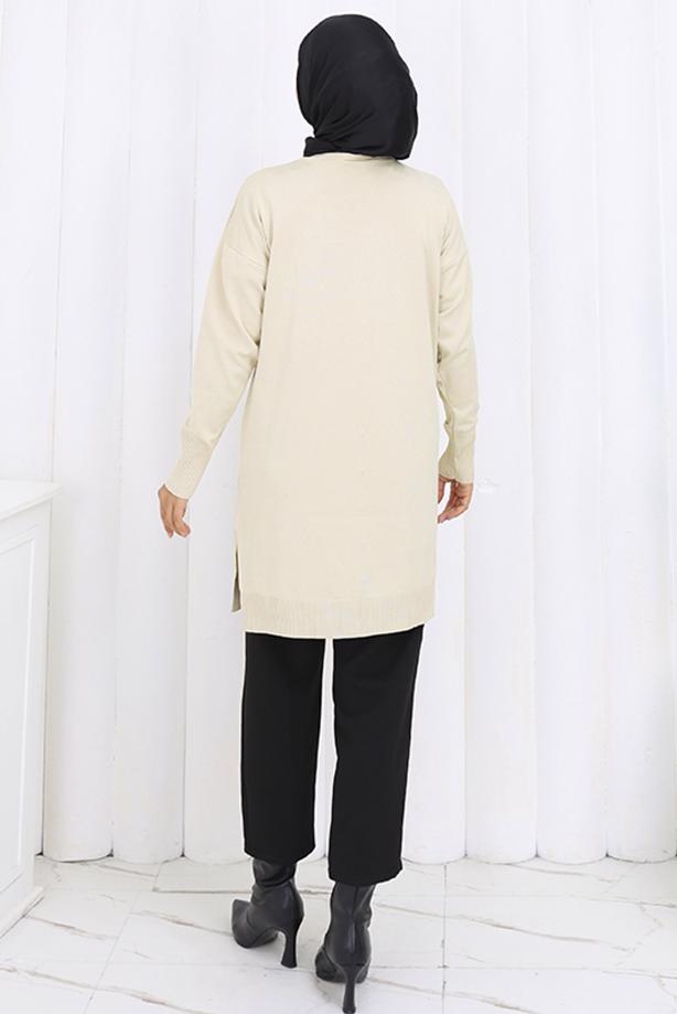 Tesettür giyim BEJ BAKLAVA DESENLİ UZUN HIRKA T 6423 - TRENDTESETTÜR