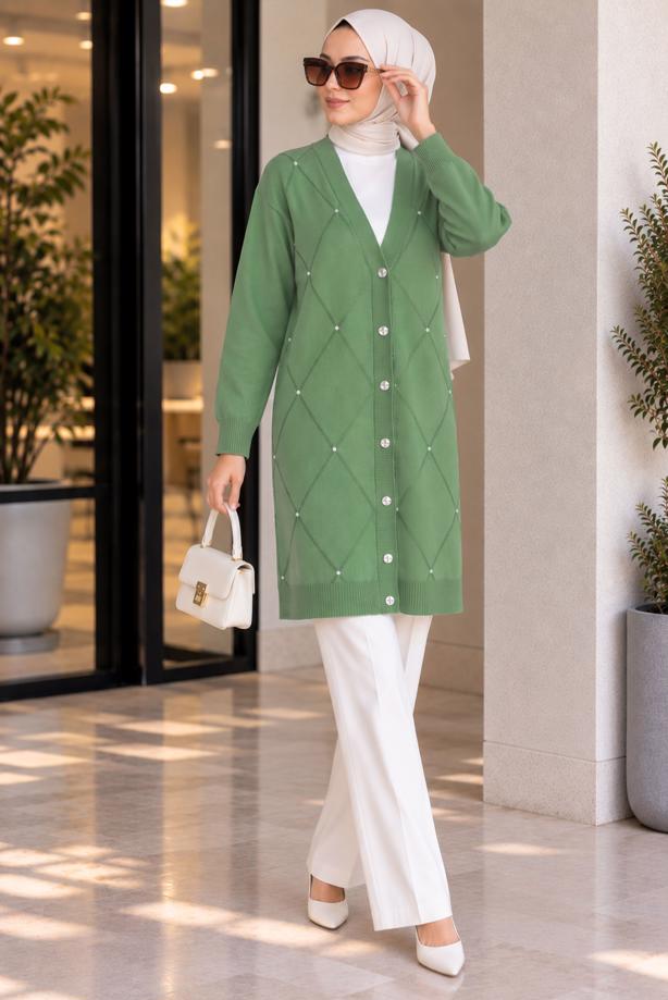 Tesettür giyim YEŞİL BAKLAVA DESENLİ UZUN HIRKA T 6423 - TRENDTESETTÜR
