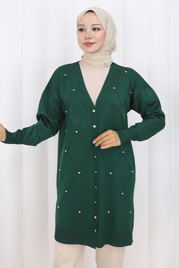 Tesettür giyim YEŞİL BAKLAVA DESENLİ UZUN HIRKA T 6423 - TRENDTESETTÜR