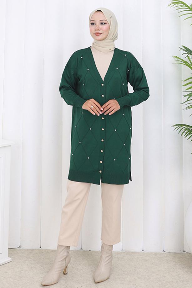 Tesettür giyim YEŞİL BAKLAVA DESENLİ UZUN HIRKA T 6423 - TRENDTESETTÜR