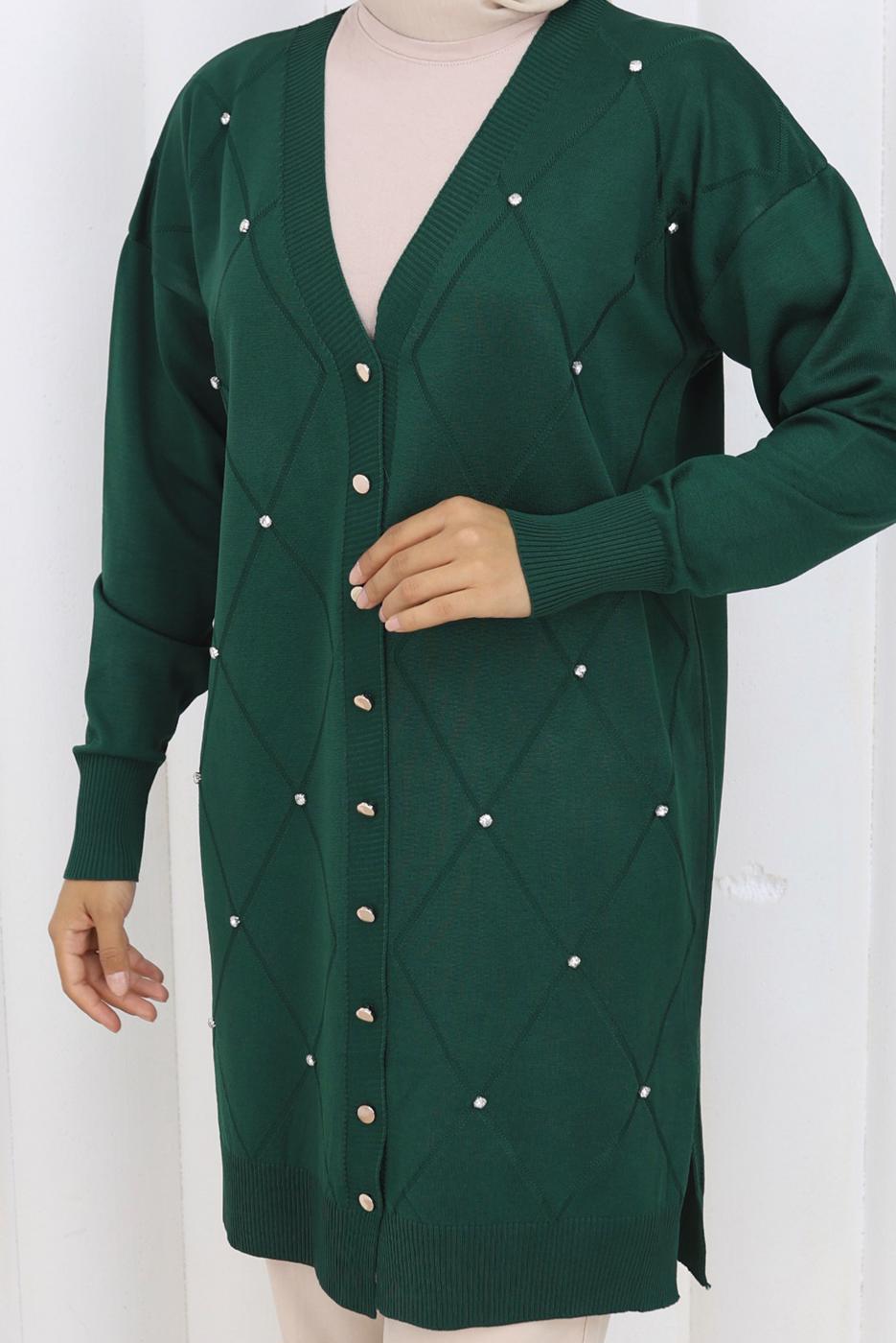 Tesettür giyim YEŞİL BAKLAVA DESENLİ UZUN HIRKA T 6423