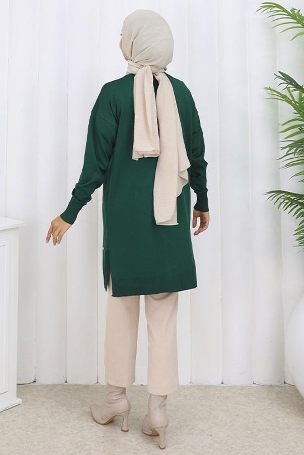 Tesettür giyim YEŞİL BAKLAVA DESENLİ UZUN HIRKA T 6423 - TRENDTESETTÜR