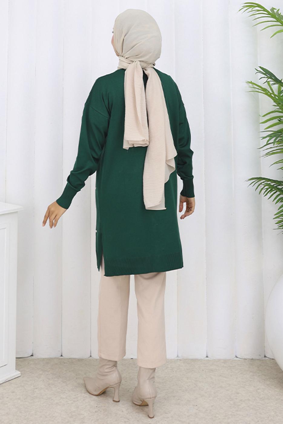 Tesettür giyim YEŞİL BAKLAVA DESENLİ UZUN HIRKA T 6423