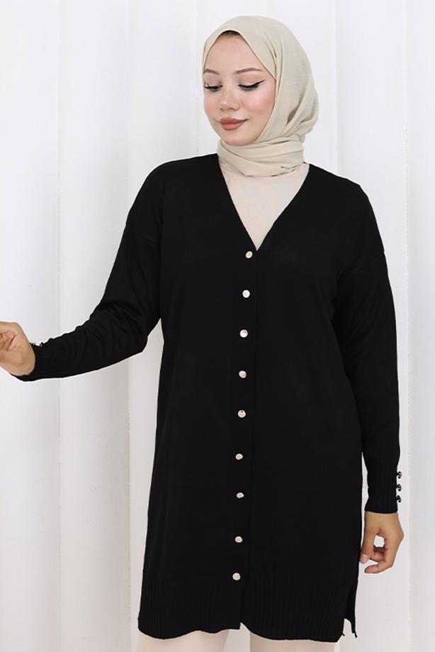 Tesettür giyim SİYAH T 6713 BN UZUN MERSERİZE HIRKA - TRENDTESETTÜR