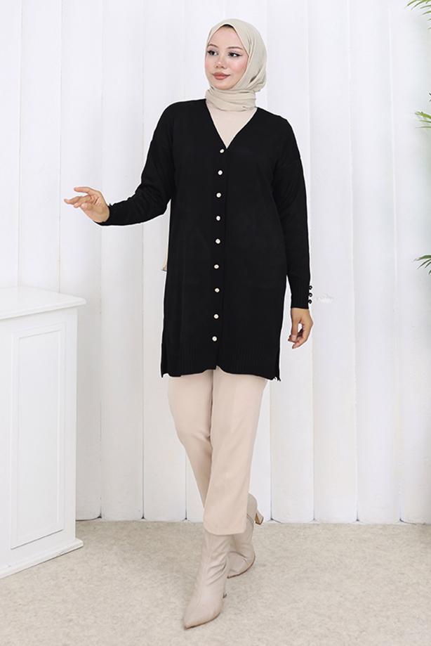 Tesettür giyim SİYAH T 6713 BN UZUN MERSERİZE HIRKA - TRENDTESETTÜR