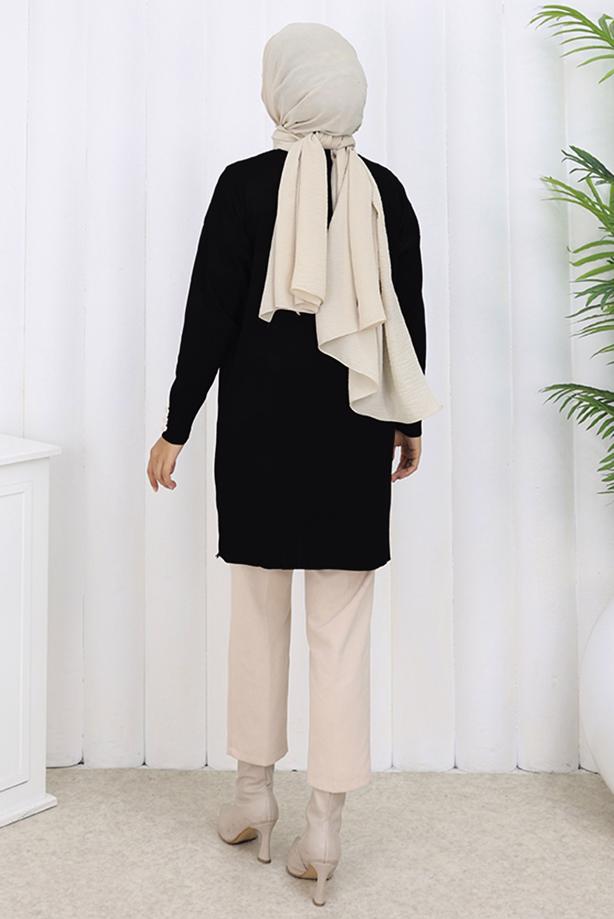 Tesettür giyim SİYAH T 6713 BN UZUN MERSERİZE HIRKA - TRENDTESETTÜR