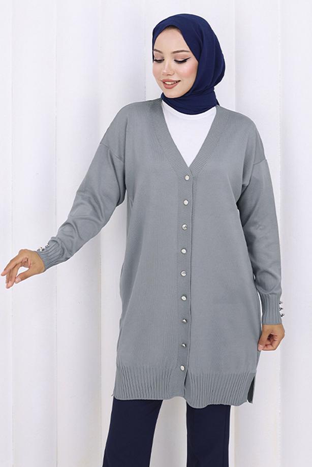 Tesettür giyim GRİ T 6713 BN UZUN MERSERİZE HIRKA - TRENDTESETTÜR