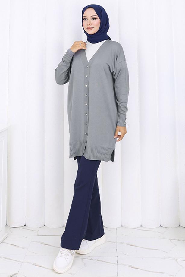 Tesettür giyim GRİ T 6713 BN UZUN MERSERİZE HIRKA - TRENDTESETTÜR