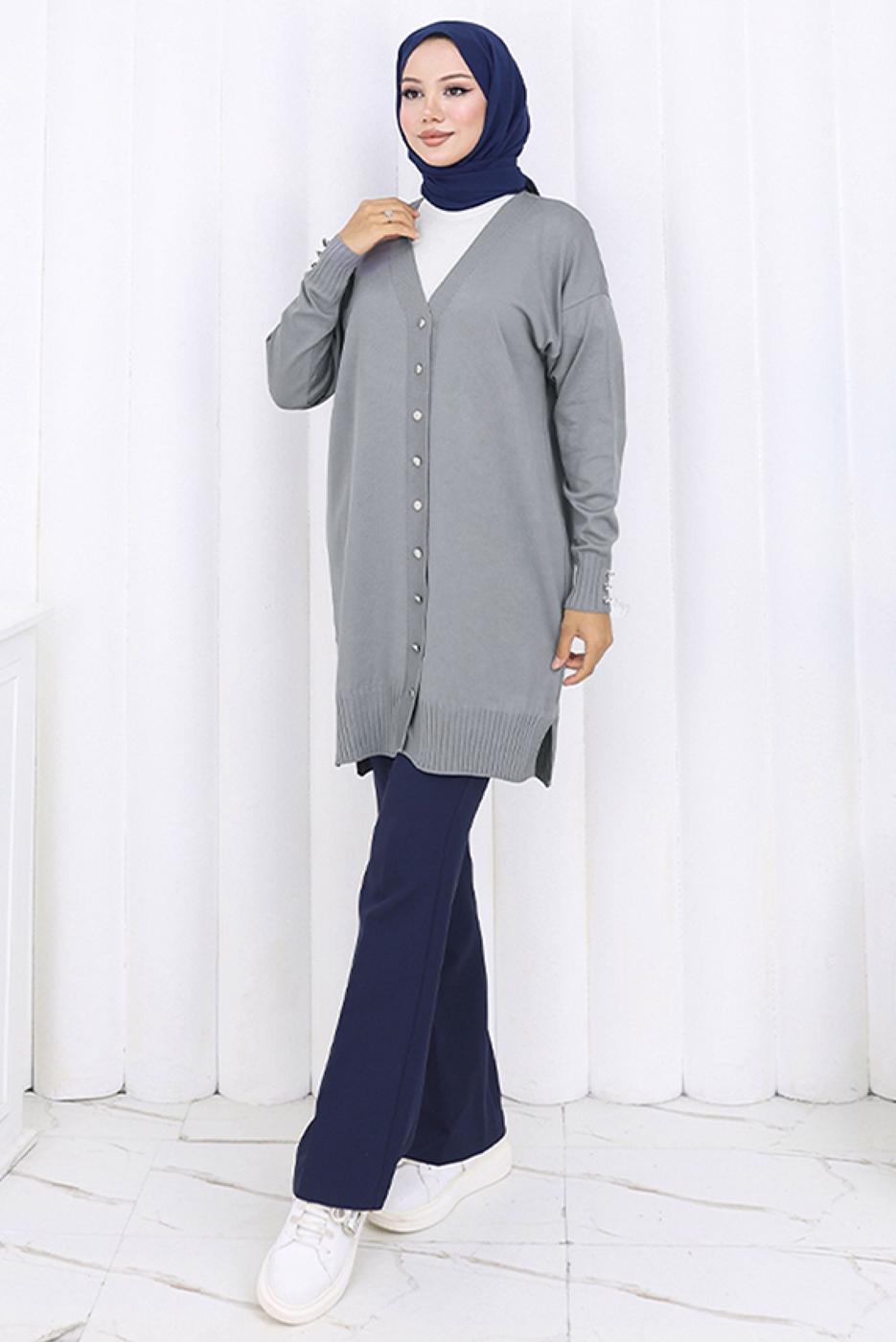 Tesettür giyim GRİ T 6713 BN UZUN MERSERİZE HIRKA
